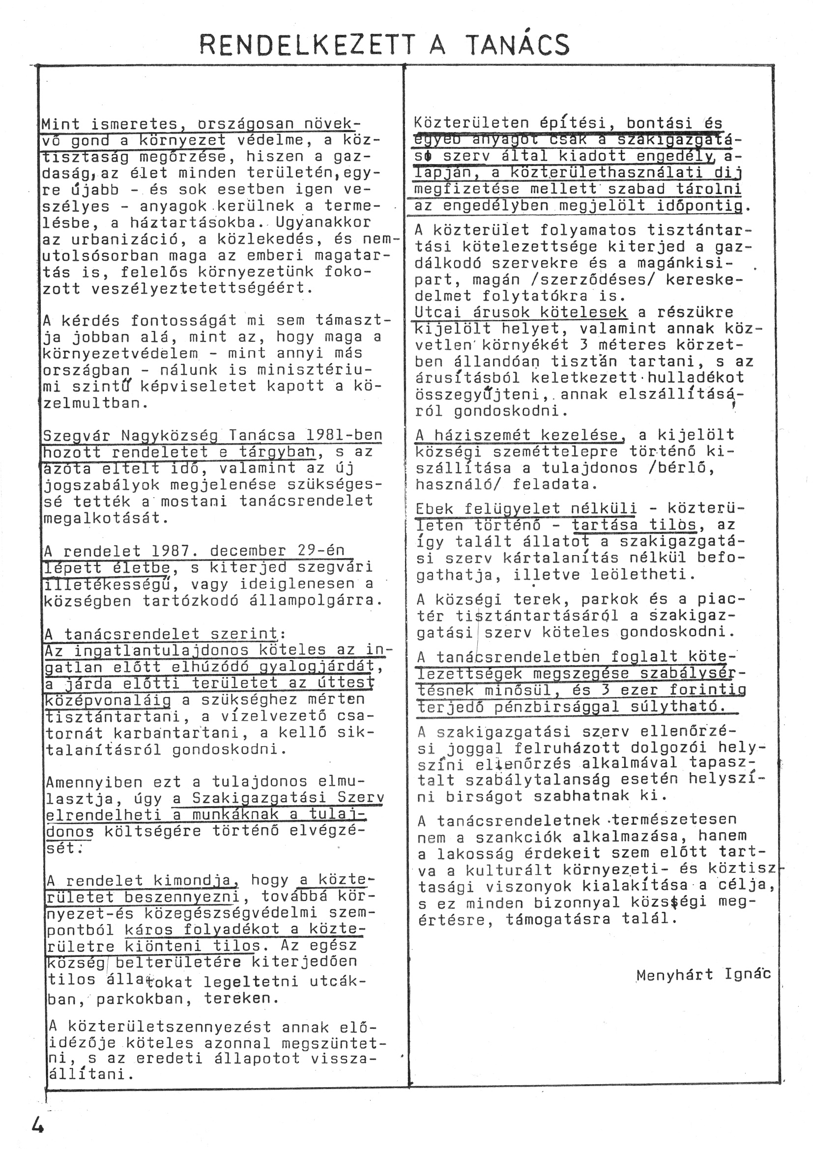 Szegvári Napló 001. lapszám – 1988. – 04. oldal – Digitalizá