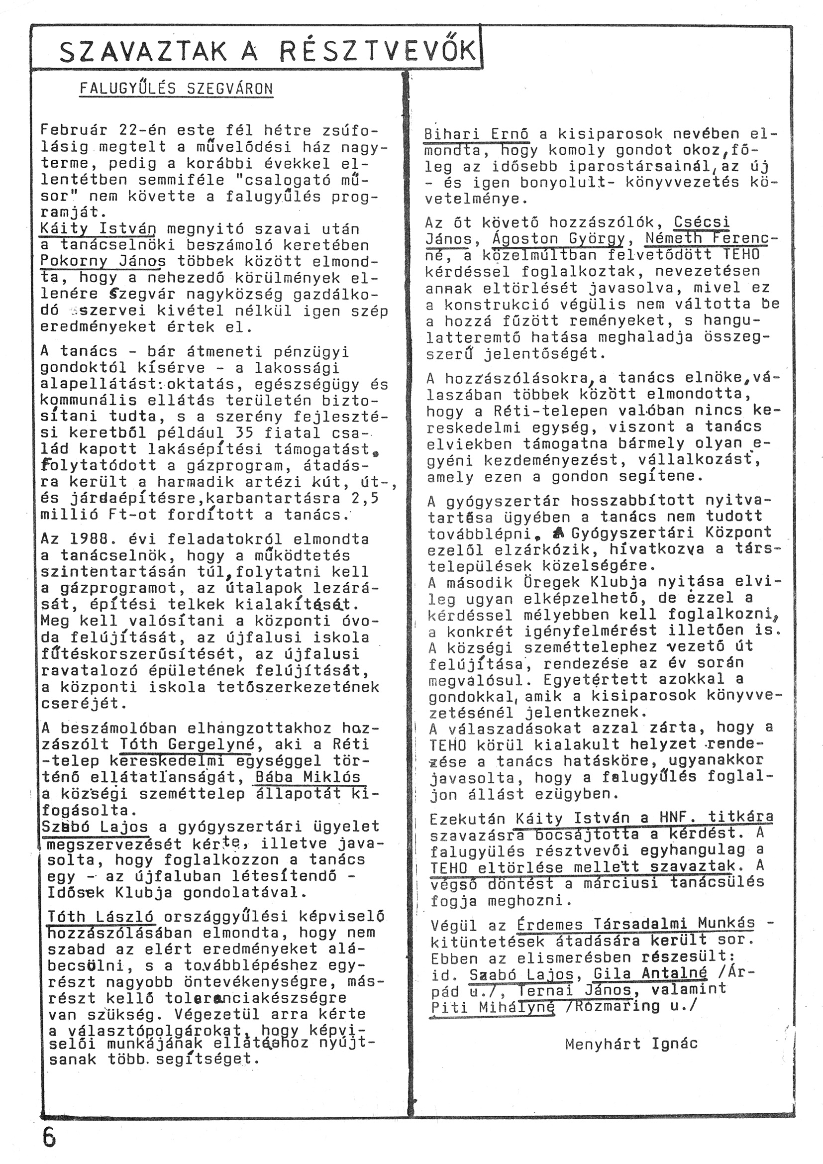 Szegvári Napló 001. lapszám – 1988. – 06. oldal – Digitalizá